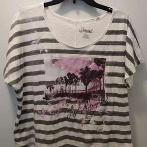 Striped Scoop-Neck Tee with Pink Palm Graphic